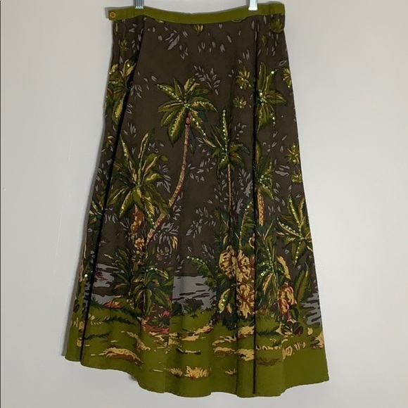A Line Palm Tree Island Sequence Swing midi skirt women’s 6 brown/green - Picture 3 of 8